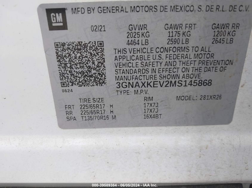 2021 Chevrolet Equinox Fwd Lt VIN: 3GNAXKEV2MS145868 Lot: 39589384