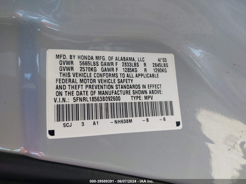 2003 Honda Odyssey Lx VIN: 5FNRL18563B092600 Lot: 39589391