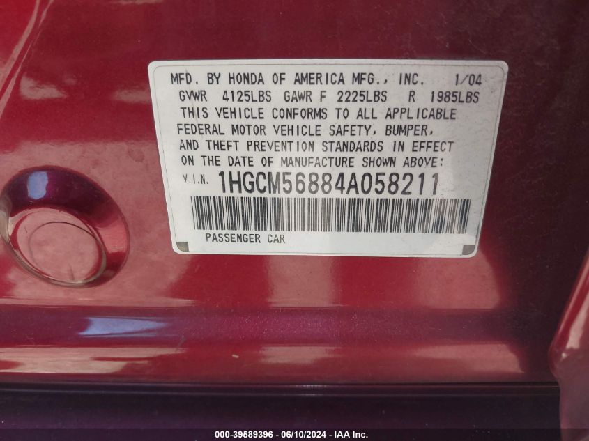 2004 Honda Accord 2.4 Ex VIN: 1HGCM56884A058211 Lot: 39589396