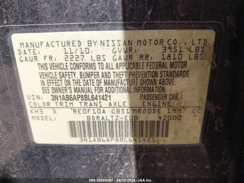 2011 Nissan Sentra 2.0Sr VIN: 3N1AB6AP8BL641421 Lot: 39589397