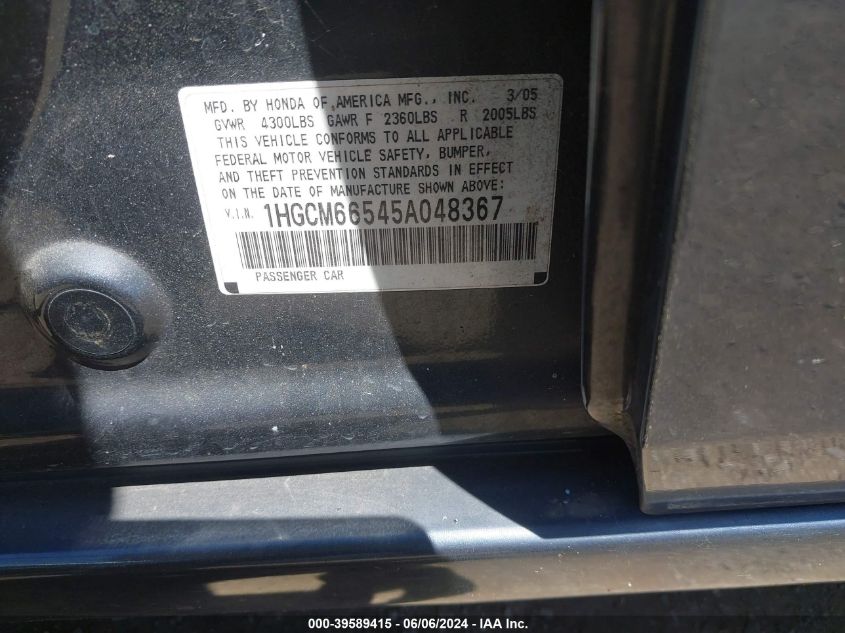 2005 Honda Accord 3.0 Ex VIN: 1HGCM66545A048367 Lot: 39589415