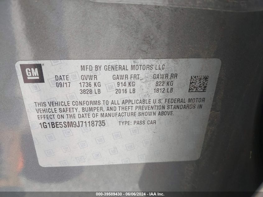 2018 Chevrolet Cruze Lt Auto VIN: 1G1BE5SM9J7118735 Lot: 39589430