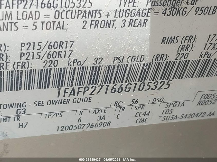 2006 Ford Five Hundred Sel VIN: 1FAFP27166G105325 Lot: 39589437