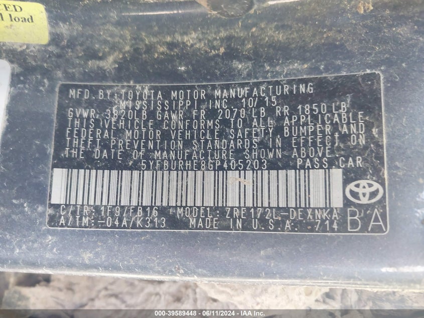 2016 Toyota Corolla Le VIN: 5YFBURHE8GP405203 Lot: 39589448