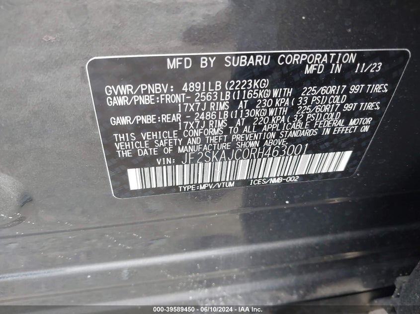 2024 Subaru Forester Wilderness VIN: JF2SKAJC0RH463001 Lot: 39589450