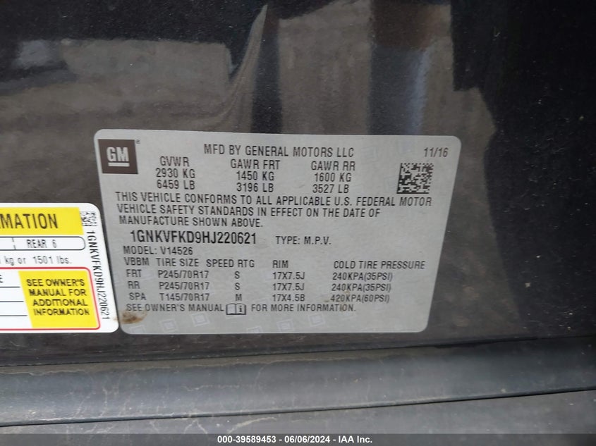 2017 Chevrolet Traverse Ls VIN: 1GNKVFKD9HJ220621 Lot: 39589453