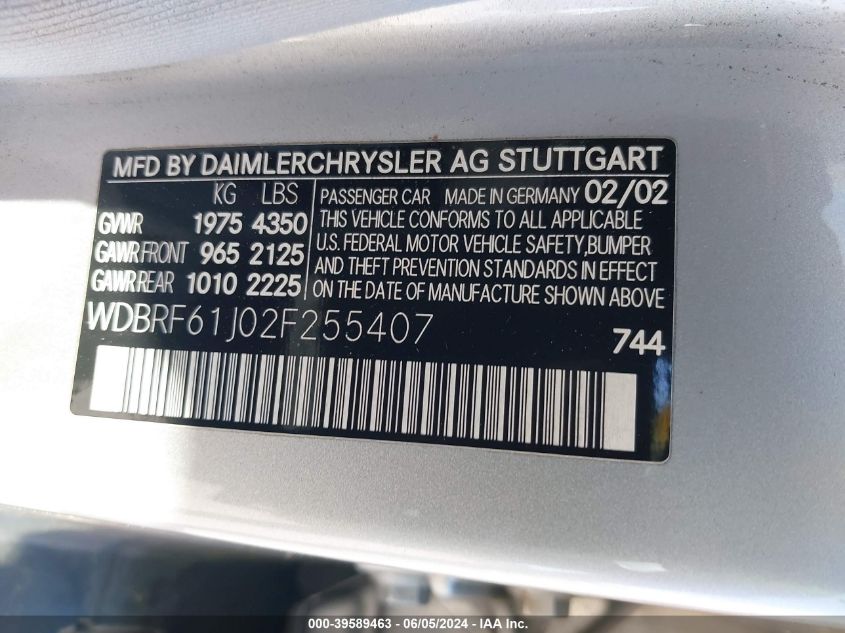 2002 Mercedes-Benz C 240 VIN: WDBRF61J02F255407 Lot: 39589463