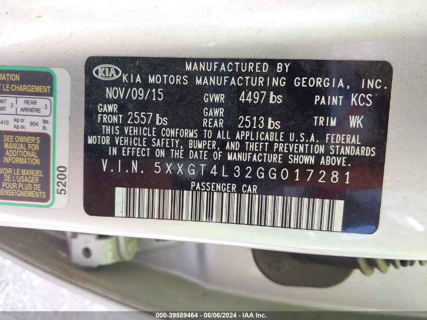 2016 Kia Optima Lx VIN: 5XXGT4L32GG017281 Lot: 39589464