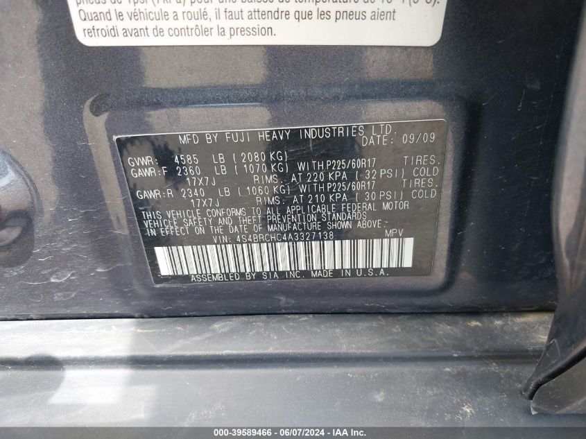 2010 Subaru Outback 2.5I Premium VIN: 4S4BRCHC4A3327138 Lot: 39589466