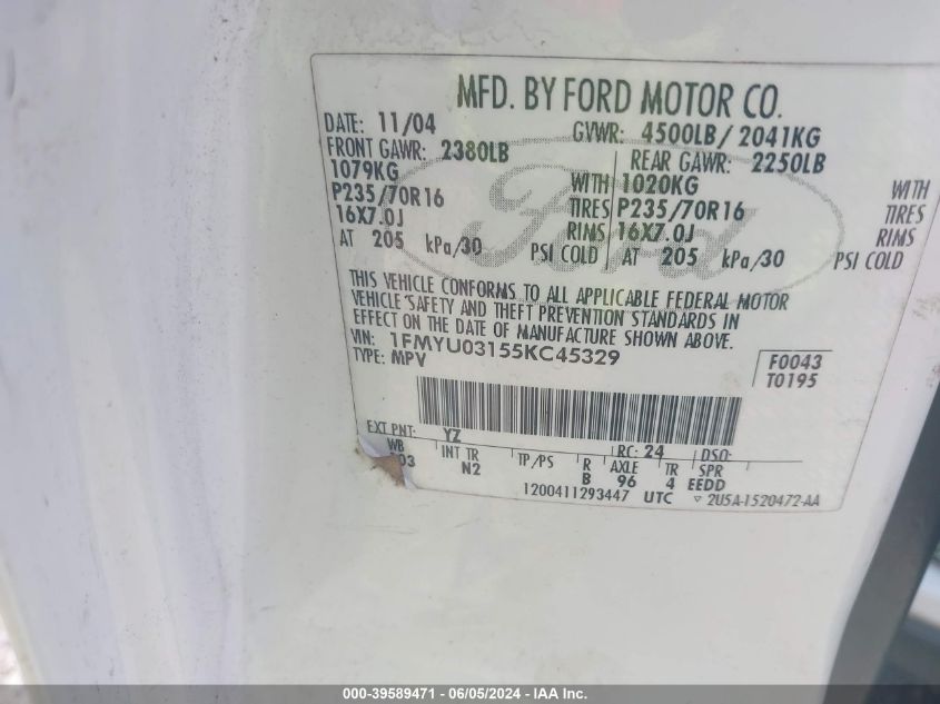 2005 Ford Escape Xlt VIN: 1FMYU03155KC45329 Lot: 39589471