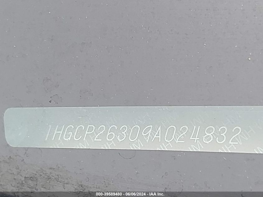 2009 Honda Accord 2.4 Lx VIN: 1HGCP26309A024832 Lot: 39589480