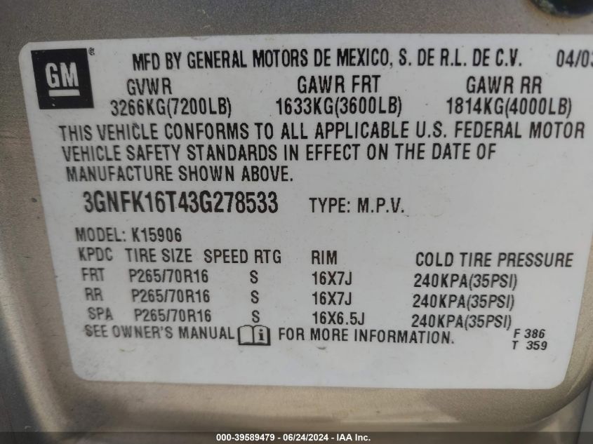 2003 Chevrolet Suburban 1500 K1500 VIN: 3GNFK16T43G278533 Lot: 39589479