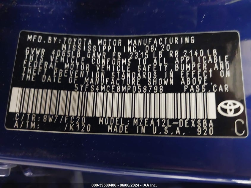2021 TOYOTA COROLLA 2.0L I-4 DI, DOHC, V(VIN: 5YFS4MCE8MP058798
