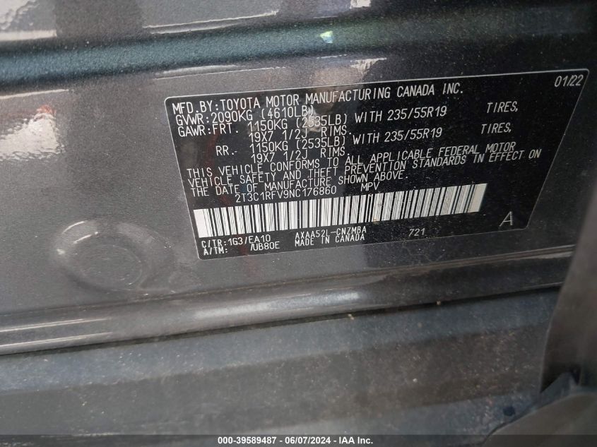 2022 Toyota Rav4 Xle Premium VIN: 2T3C1RFV9NC176860 Lot: 39589487