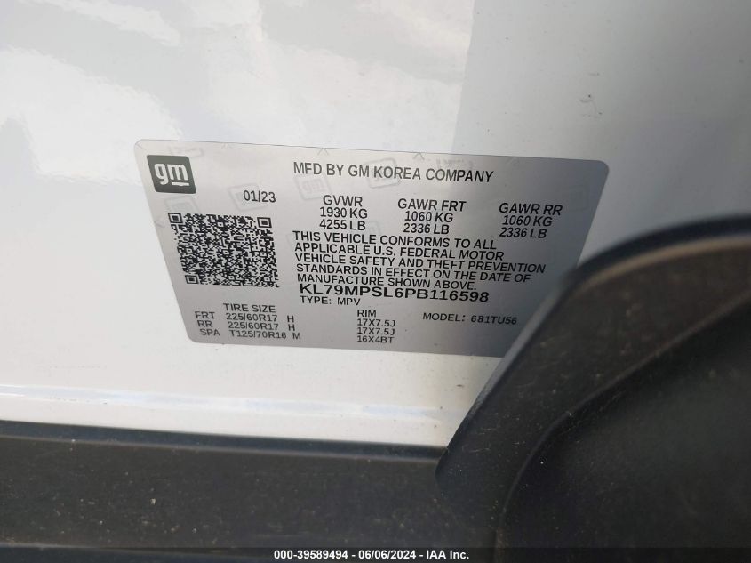 2023 Chevrolet Trailblazer Fwd Lt VIN: KL79MPSL6PB116598 Lot: 39589494