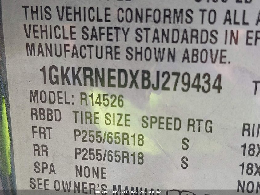 2011 GMC Acadia Sl VIN: 1GKKRNEDXBJ279434 Lot: 39589495