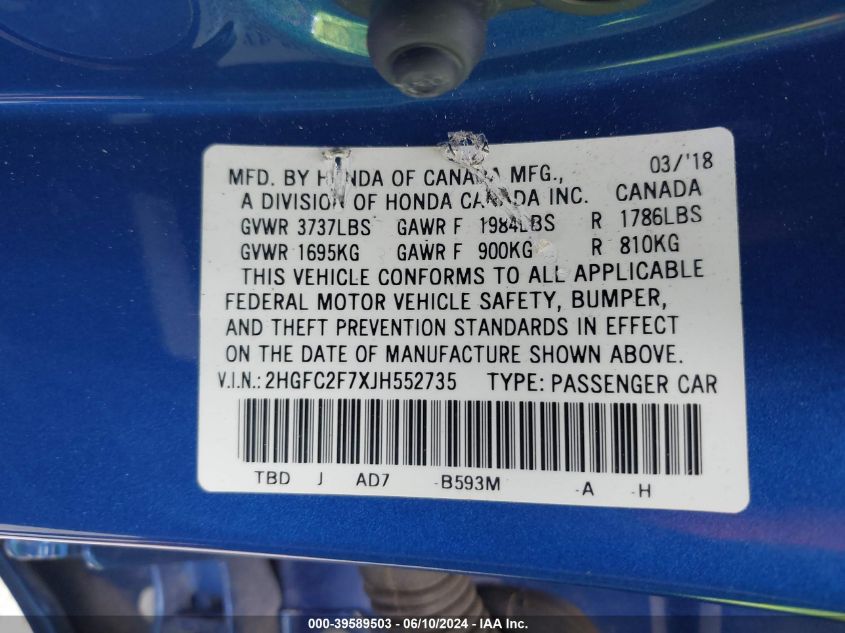 2018 Honda Civic Ex VIN: 2HGFC2F7XJH552735 Lot: 39589503