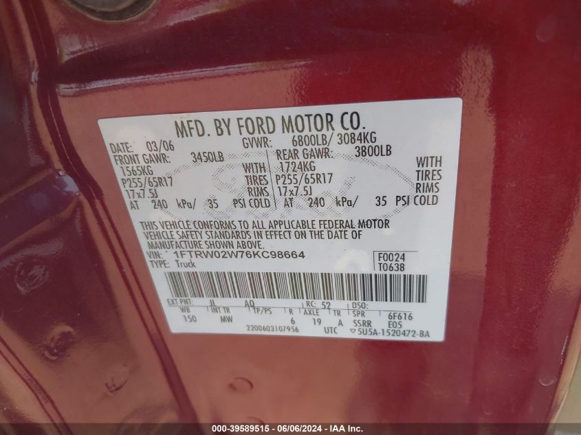 2006 Ford F-150 Xlt VIN: 1FTRW02W76KC98664 Lot: 39589515
