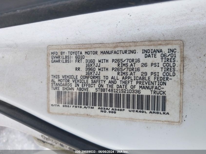 2001 Toyota Tundra Ltd V8 VIN: 5TBBT48121S210336 Lot: 39589533