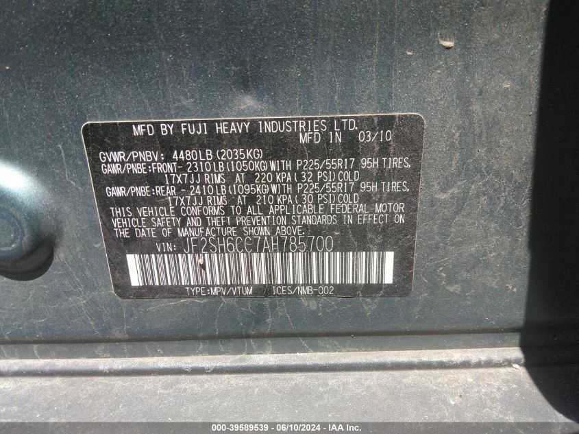 2010 Subaru Forester 2.5X Premium VIN: JF2SH6CC7AH785700 Lot: 39589539
