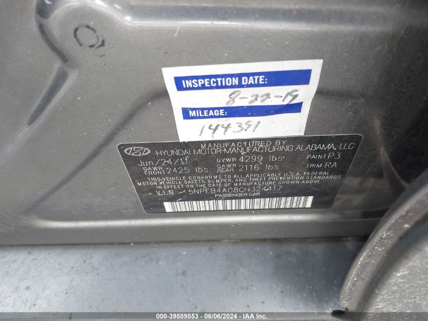 5NPEB4AC8CH324417 2012 Hyundai Sonata Gls