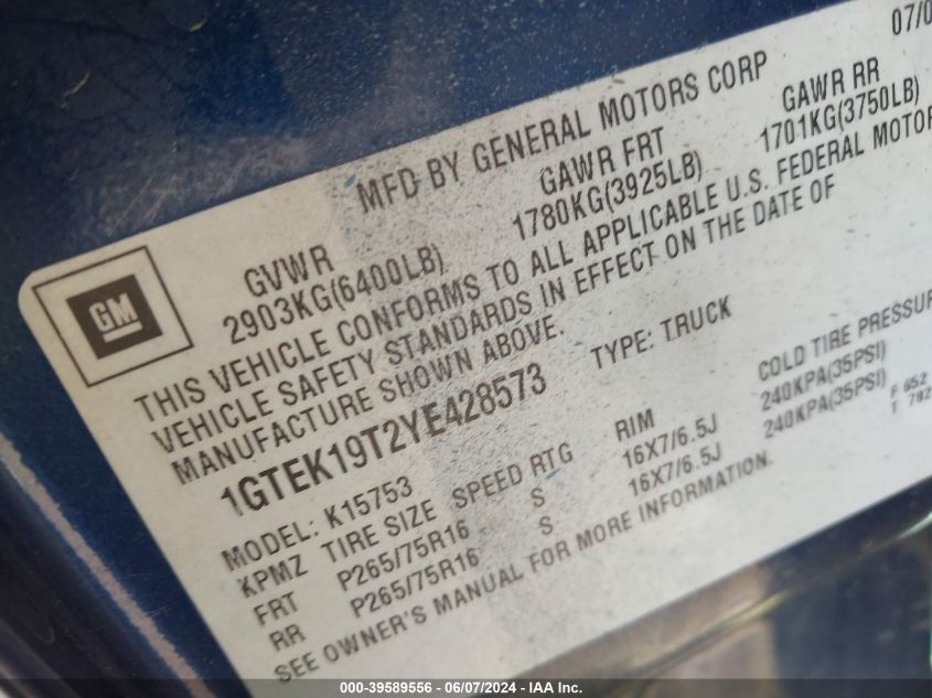 2000 GMC Sierra 1500 Sle VIN: 1GTEK19T2YE428573 Lot: 39589556