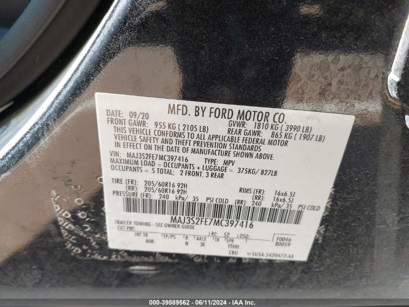 2021 Ford Ecosport S VIN: MAJ3S2FE7MC397416 Lot: 39589562