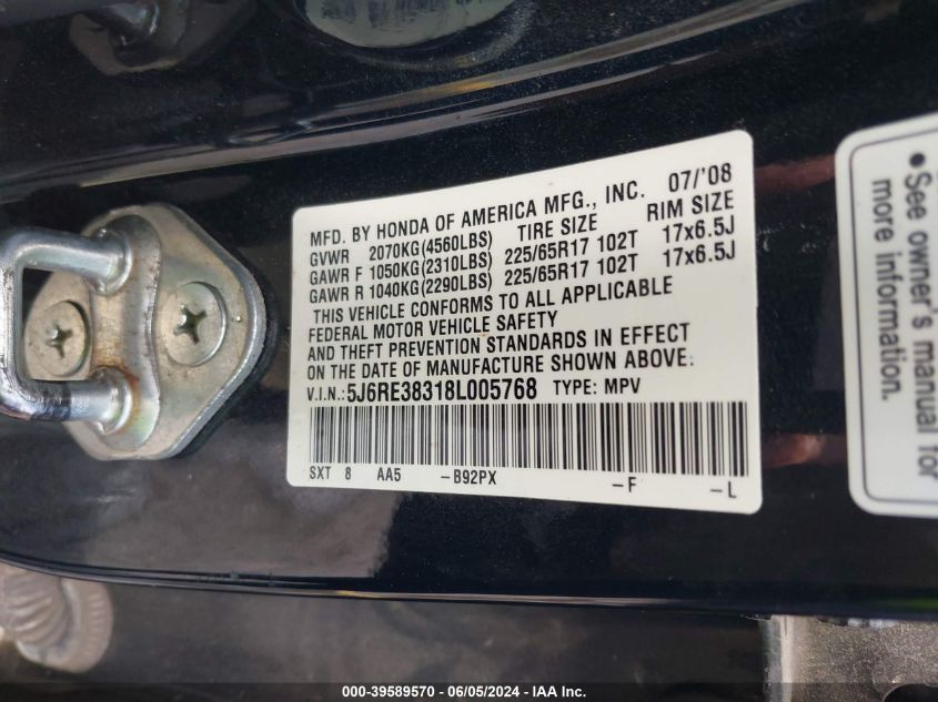 2008 Honda Cr-V Lx VIN: 5J6RE38318L005768 Lot: 39589570