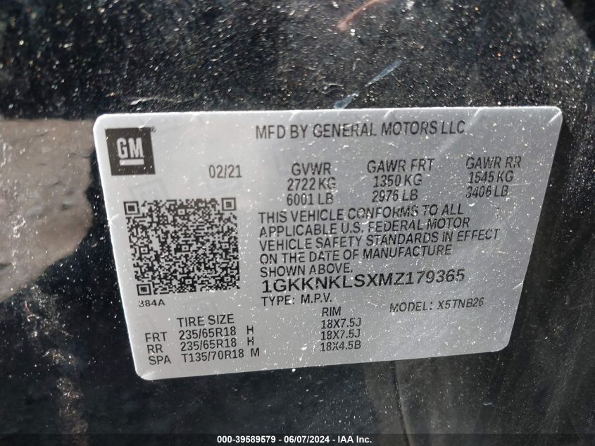 2021 GMC Acadia Fwd Sle VIN: 1GKKNKLSXMZ179365 Lot: 39589579