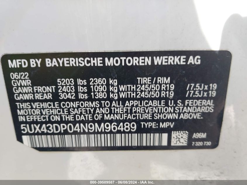 2022 BMW X3 Sdrive30I VIN: 5UX43DP04N9M96489 Lot: 39589587