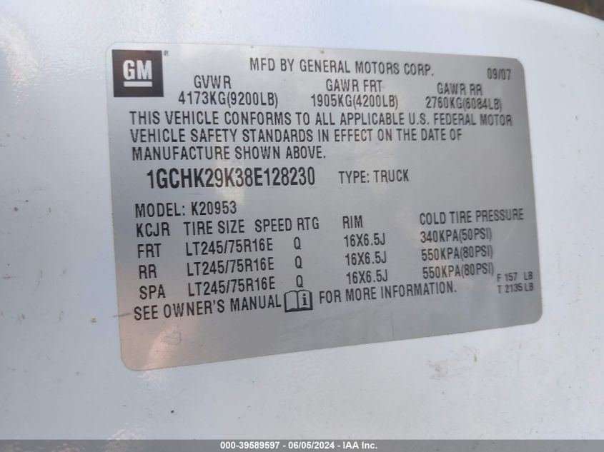 2008 Chevrolet Silverado 2500Hd Lt1 VIN: 1GCHK29K38E128230 Lot: 39589597