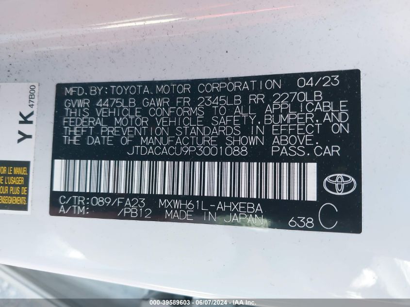 2023 Toyota Prius Prime Se VIN: JTDACACU9P3001088 Lot: 39589603