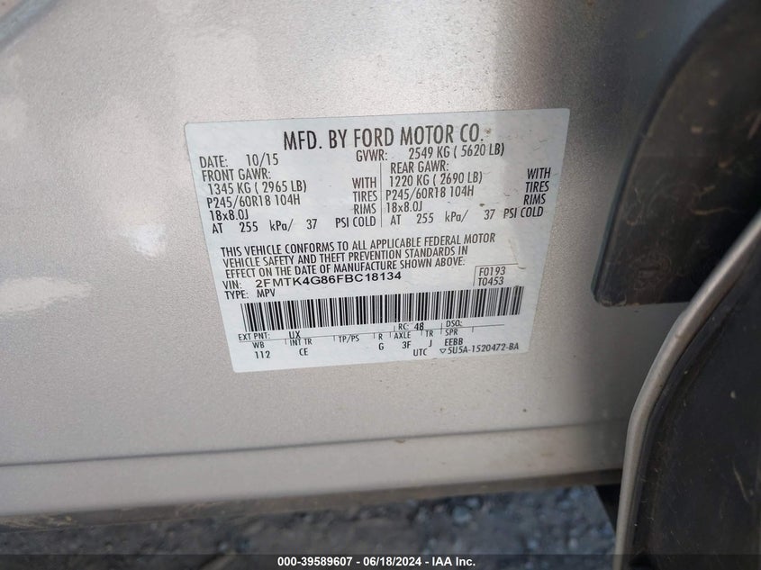 2015 Ford Edge Se VIN: 2FMTK4G86FBC18134 Lot: 39589607