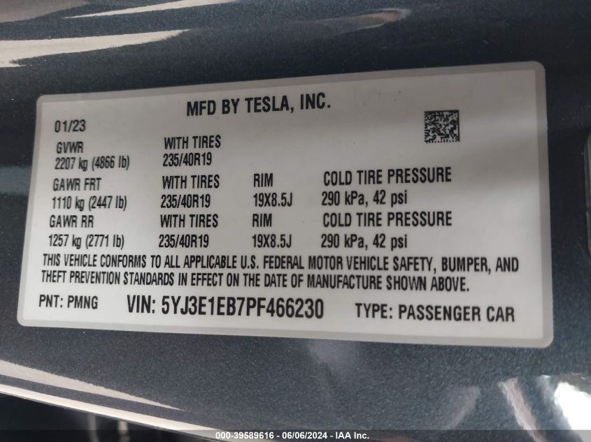 2023 Tesla Model 3 Long Range Dual Motor All-Wheel Drive VIN: 5YJ3E1EB7PF466230 Lot: 39589616