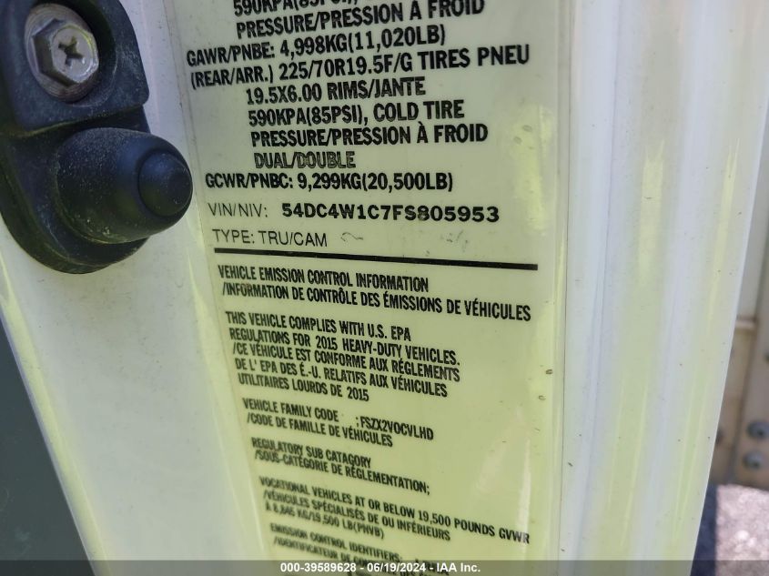 2015 Isuzu Npr Hd Reg VIN: 54DC4W1C7FS805953 Lot: 39589628