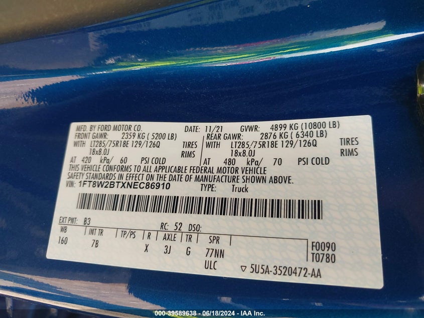 2022 Ford F-250 Platinum VIN: 1FT8W2BTXNEC86910 Lot: 39589638