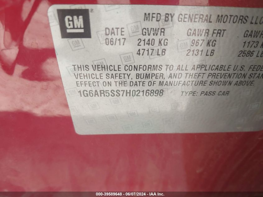 2017 Cadillac Cts Luxury VIN: 1G6AR5SS7H0216898 Lot: 39589648