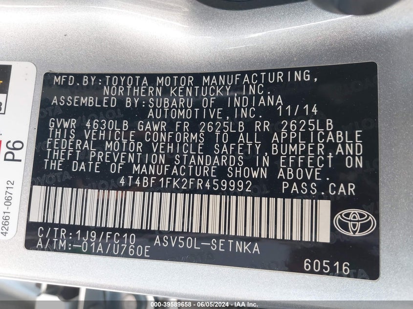 2015 Toyota Camry Le VIN: 4T4BF1FK2FR459992 Lot: 39589658