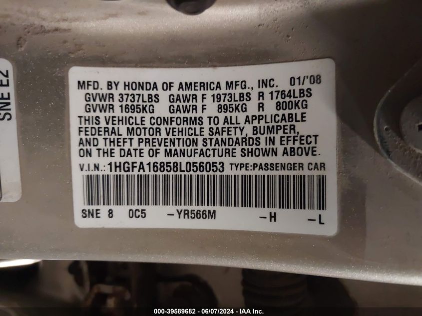 2008 Honda Civic Ex VIN: 1HGFA16858L056053 Lot: 39589682