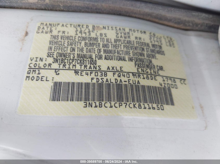 2012 Nissan Versa 1.8 S VIN: 3N1BC1CP7CK811650 Lot: 39589705