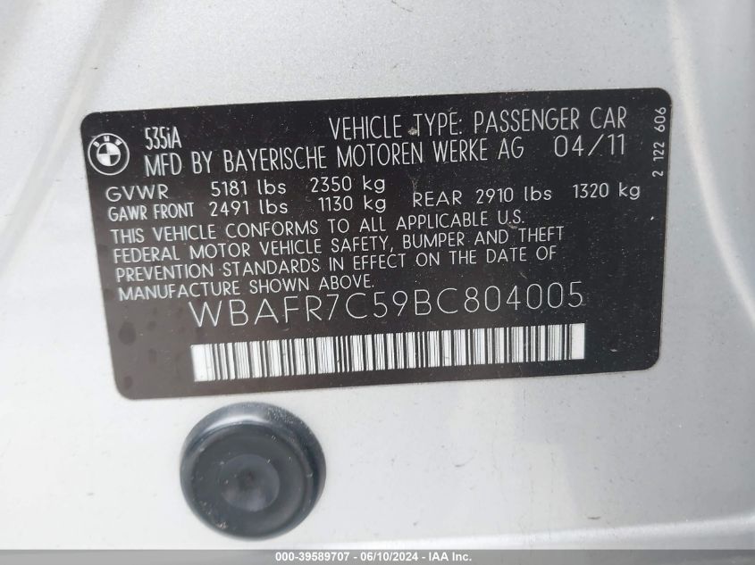 2011 BMW 535I VIN: WBAFR7C59BC804005 Lot: 39589707
