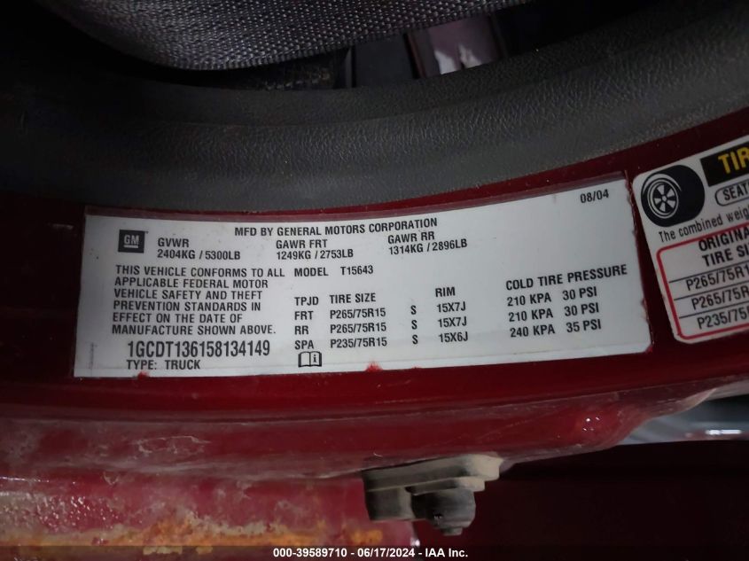 2005 Chevrolet Colorado Ls VIN: 1GCDT136158134149 Lot: 39589710