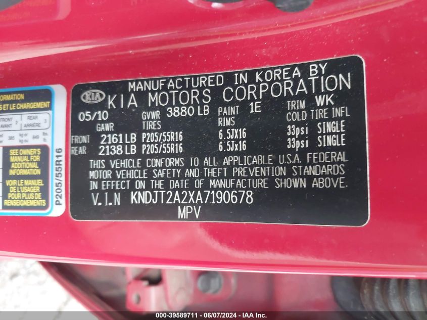 2010 Kia Soul + VIN: KNDJT2A2XA7190678 Lot: 39589711