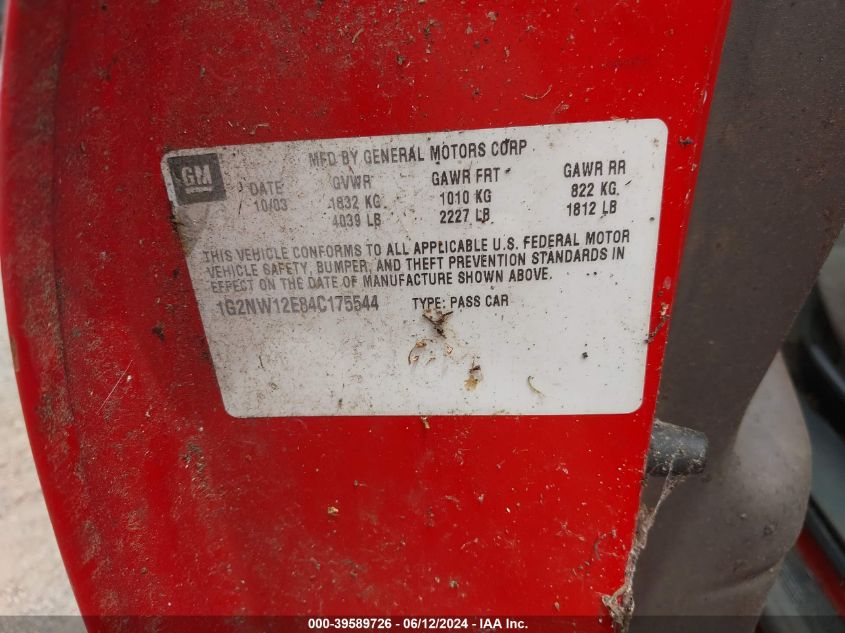 2004 Pontiac Grand Am Gt VIN: 1G2NW12E84C175544 Lot: 39589726
