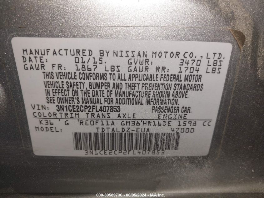 2015 Nissan Versa Note S (Sr)/S Plus/Sl/Sr/Sv VIN: 3N1CE2CP2FL407853 Lot: 39589736