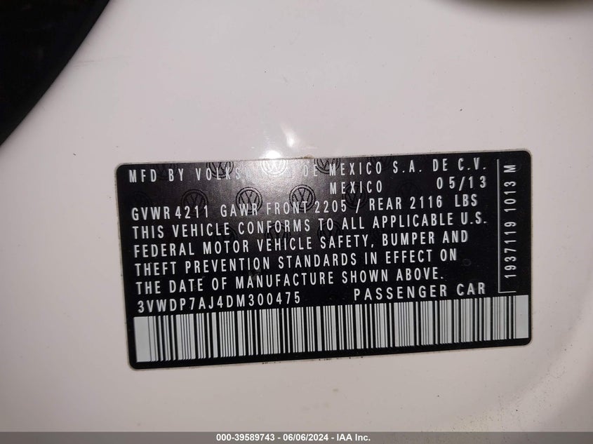 2013 Volkswagen Jetta 2.5L Se VIN: 3VWDP7AJ4DM300475 Lot: 39589743