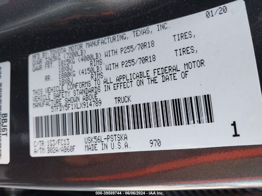 2020 TOYOTA TUNDRA SR5 - 5TFDY5F1XLX914789