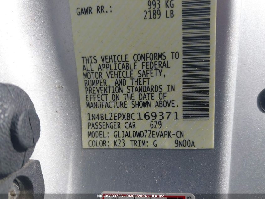 2011 Nissan Altima 3.5 Sr VIN: 1N4BL2EPXBC169371 Lot: 39589756