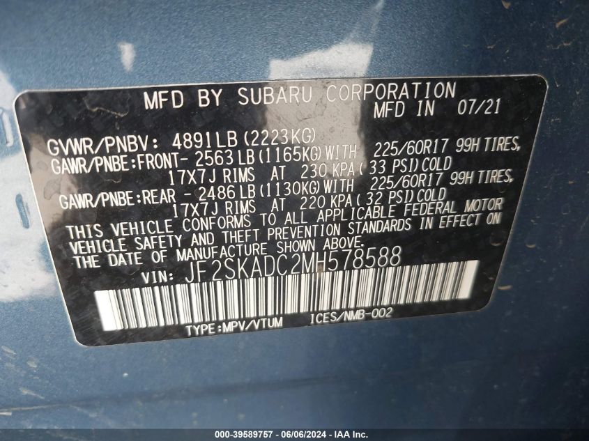 2021 Subaru Forester VIN: JF2SKADC2MH578588 Lot: 39589757
