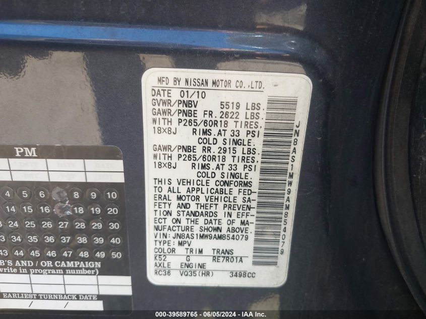 2010 Infiniti Fx35 VIN: JN8AS1MW9AM854079 Lot: 39589765